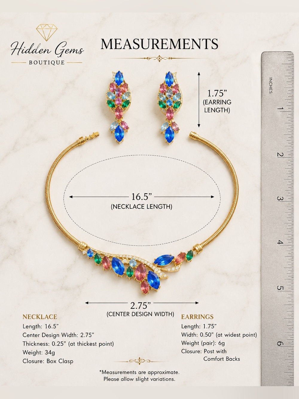 Multicolor Crystal Gold Necklace & Earring Set - Picture 5 of 5